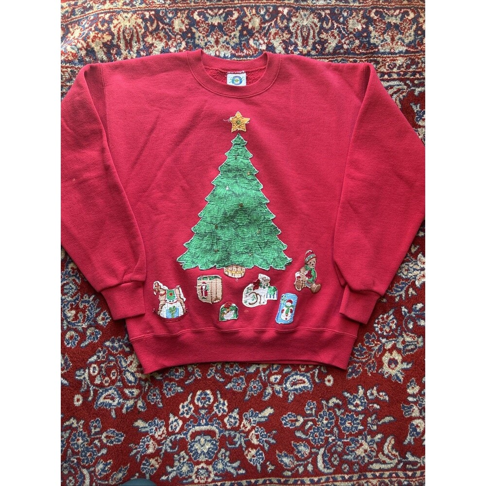 Vintage Christmas Sweatshirt Women's Large Embellished Tree Grannycore